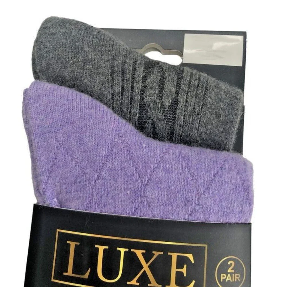 Luxe Cashmere Wool Blend Ladies Socks Diamond Pattern Purple Cable Gray 2 Pair